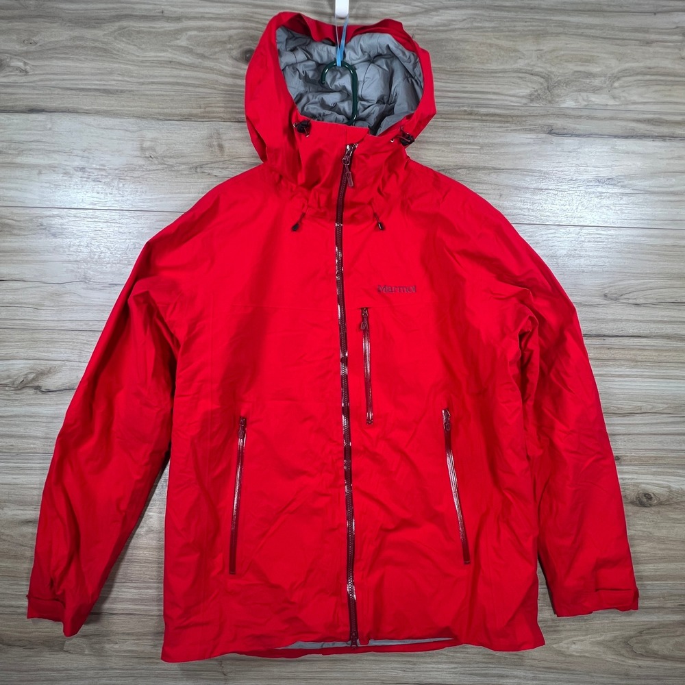 Marmot Mens Red Insulated Hooded Jacket Full Zip Nylon Pockets